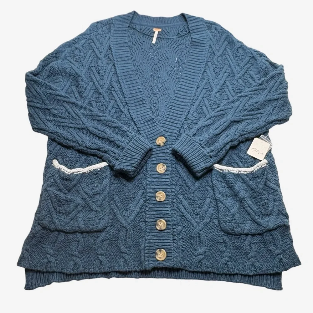 Free People Montana Cable Knit Cardigan Varsity Blue Oversized Size M NEW - Picture 6 of 16